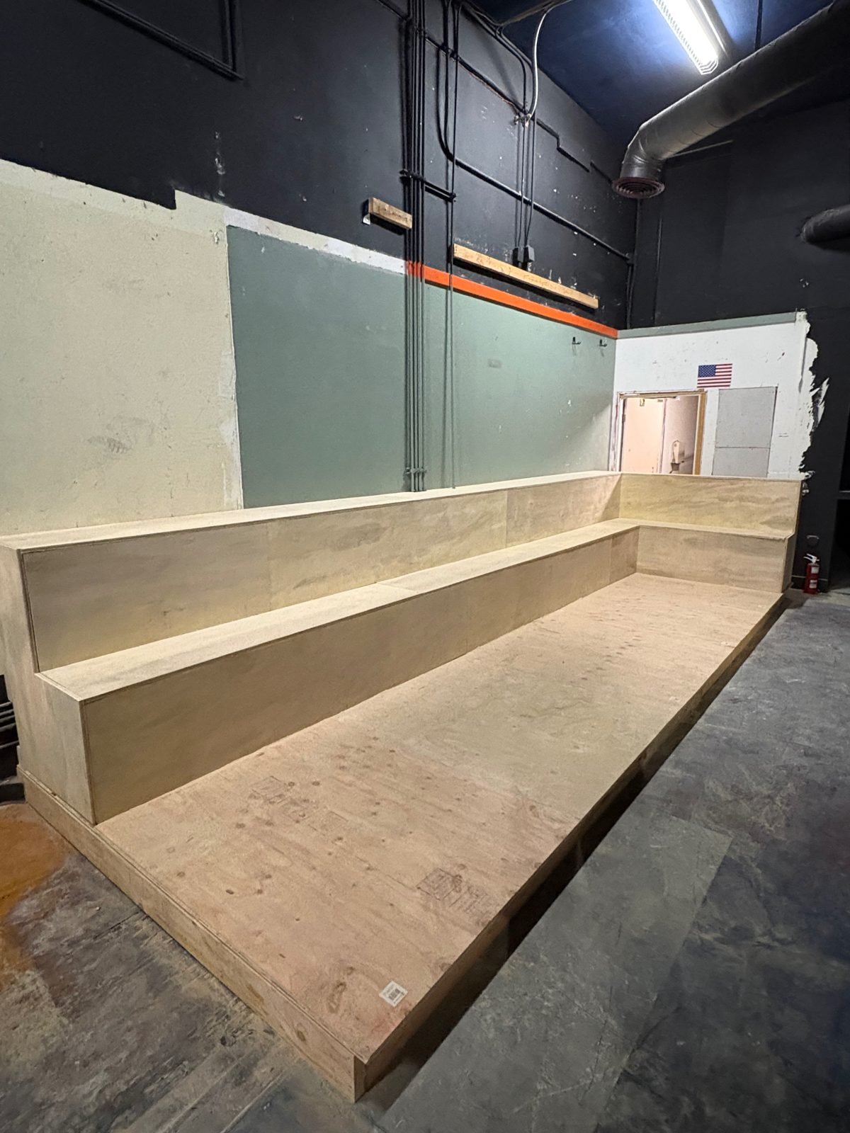 Completed plywood platform and tiered seating structure