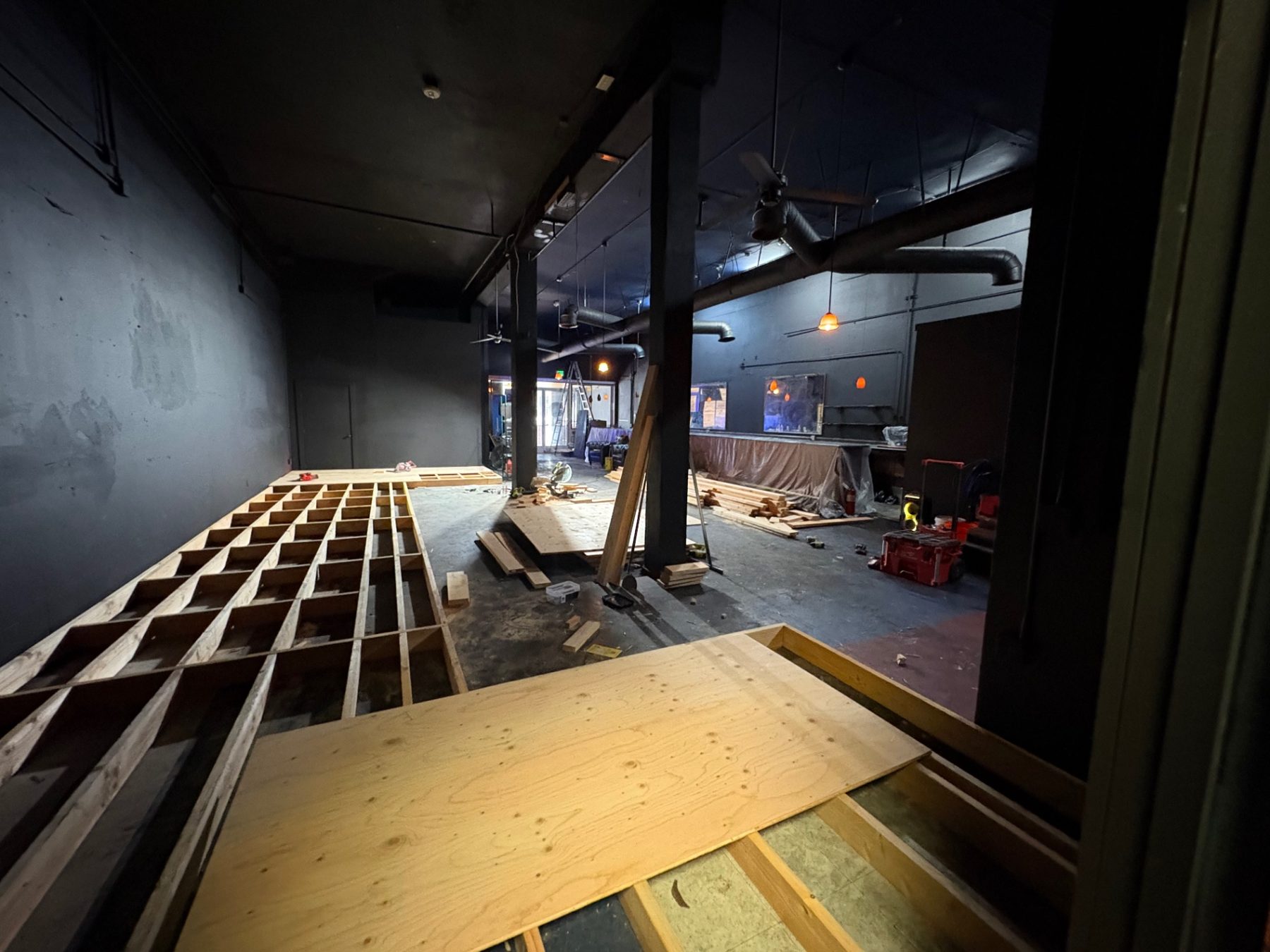 Custom commercial platform framing during construction
